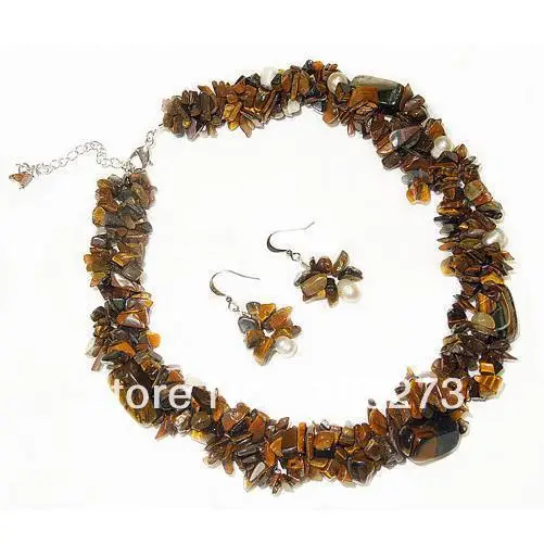 

New Arriver Genuine Natural Tigers Eye Freshwater Pearl Necklace Earrings Jewelry Set 6-20mm S925 Silvers Earring Free Shipping