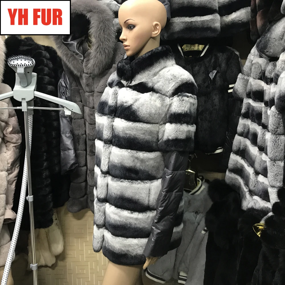 Шуба женская из 100% натурального меха кролика Рекс зимняя теплая куртка с мехом