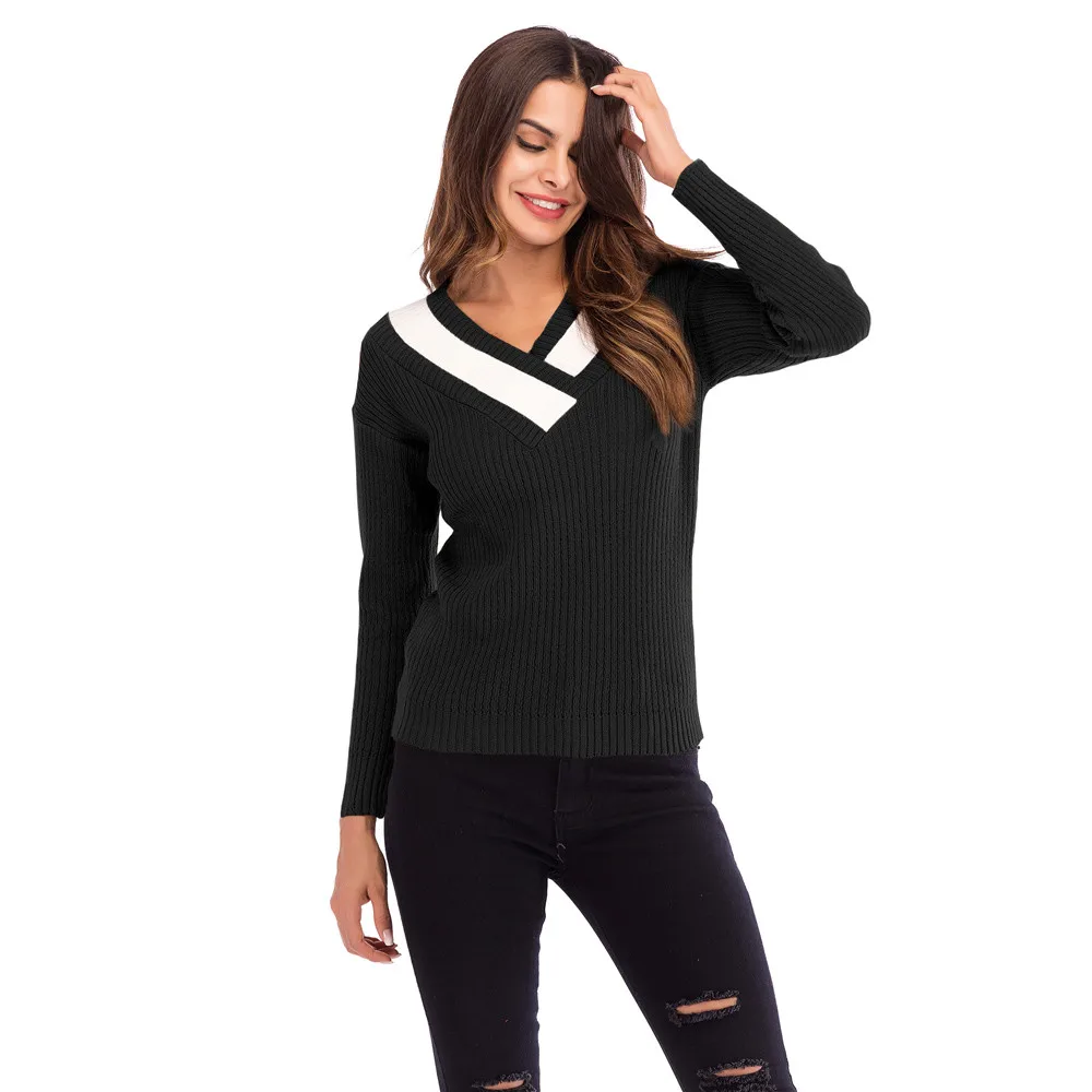 Colorblock V Neck sweater women Long Sleeve Knitted Pullover Jumper Blouse fitness Leisure black sweters women invierno 2019
Colorblock V Neck sweater women Long Sleeve Knitted Pullover Jumper Blouse fitness Leisure black sweters women invierno 2019