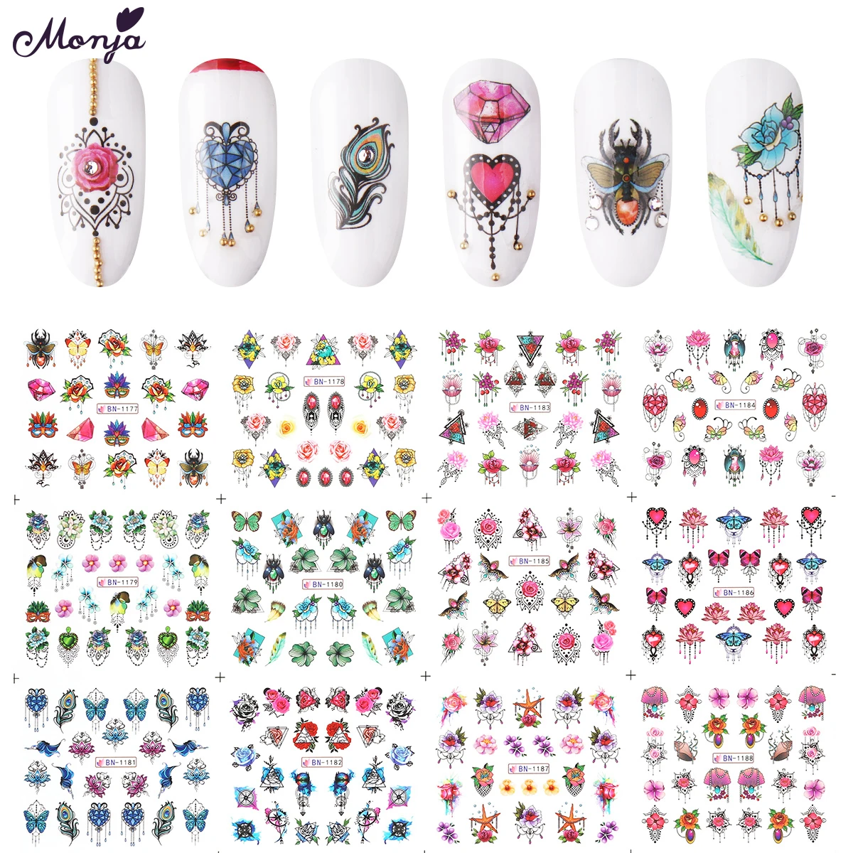 Monja 12 Sheets Nail Art Jewelry Flower Butterfly Pattern Design Full Cover Water Transfer Foil Decals Stickers DIY Decoration
Monja 12 Sheets Nail Art Jewelry Flower Butterfly Pattern Design Full Cover Water Transfer Foil Decals Stickers DIY Decoration