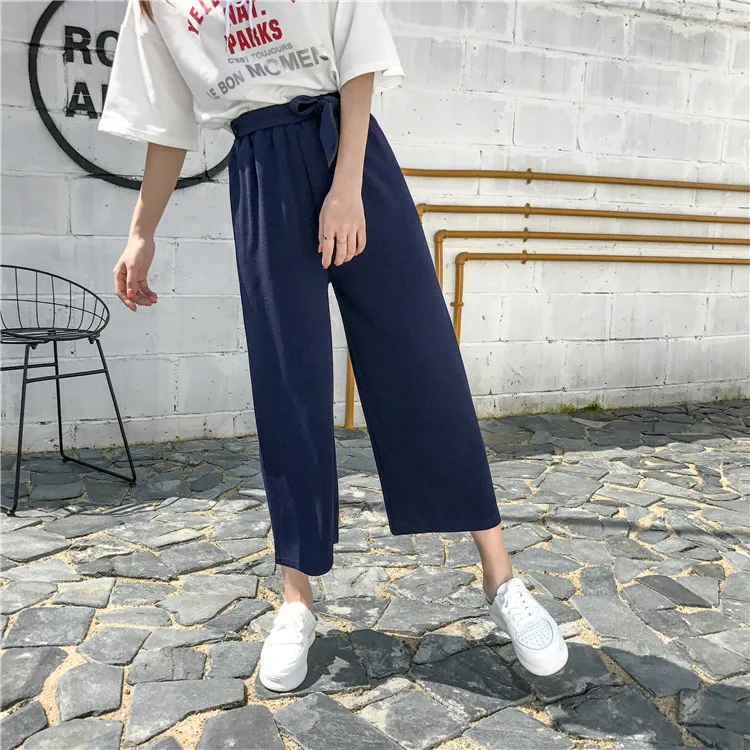 Plus Size - Casual Elastic Waist Loose Wide Leg Pants Preppy Style Trousers Female Palazzo Pants (Us 18W-20W)