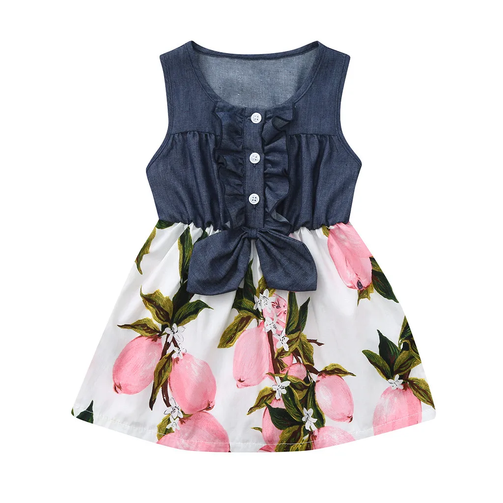 Cute bow summer peach lemon print stitching denim dress Baby Girls Sleeveless lemon Peach Print Dress Splice Denim Dresses F4
Cute bow summer peach lemon print stitching denim dress Baby Girls Sleeveless lemon Peach Print Dress Splice Denim Dresses F4