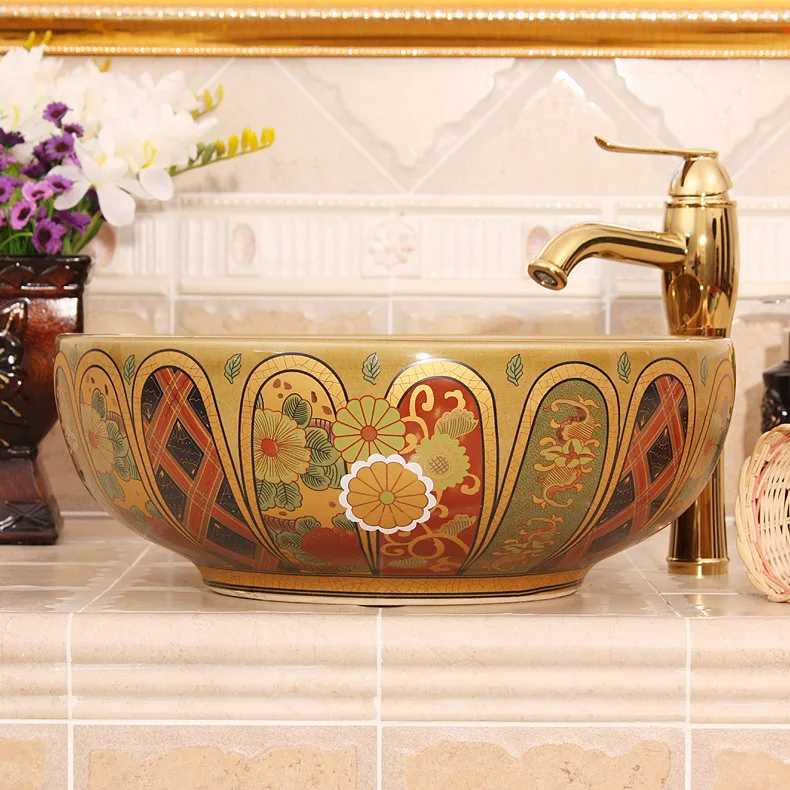 Colourful Handmade Europe Vintage Style Lavobo Ceramic Bathroom Countertop Bathroom Sink hand painted porcelain sink (3)