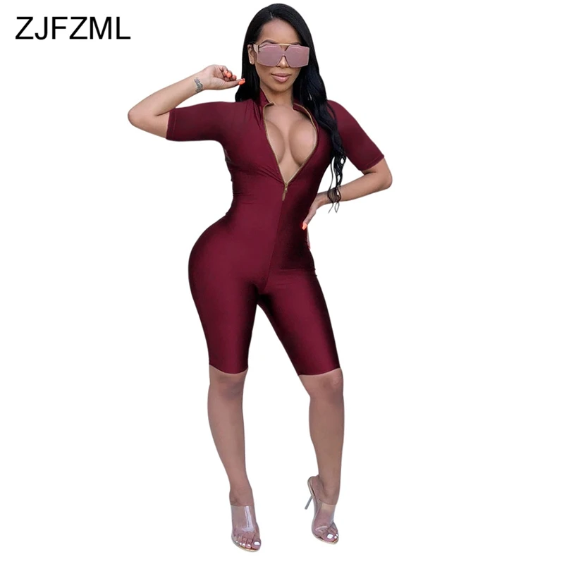 ZJFZML Deep V Neck Short Sleeve Sexy Bandage Playsuit Women Burgundy Stand Collar Front Zipper Bodysuit Autumn One Piece Overall
ZJFZML Deep V Neck Short Sleeve Sexy Bandage Playsuit Women Burgundy Stand Collar Front Zipper Bodysuit Autumn One Piece Overall