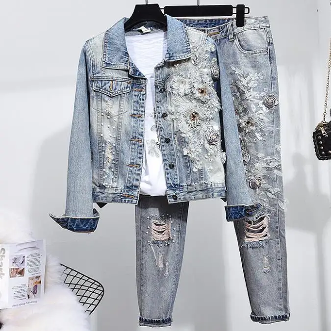 spring autumn new fashion women heavy work beaded embroidery long-sleeved denim jacket + hole beading jeans two piece sets
spring autumn new fashion women heavy work beaded embroidery long-sleeved denim jacket + hole beading jeans two piece sets