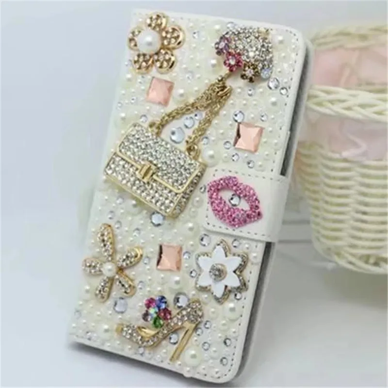 

Luxury Rhinestone Wallet Leather Diamond Phone Case for iPhone, Pearl Flower, Lipstick Cover, 15 Plus, 14, 11, 12, 13Pro Max