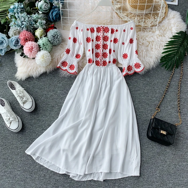 Seaside Beach Embroidered Slash Neck Pure Color High Waist Summer Dress Women Elegant Vestidos H466
Seaside Beach Embroidered Slash Neck Pure Color High Waist Summer Dress Women Elegant Vestidos H466