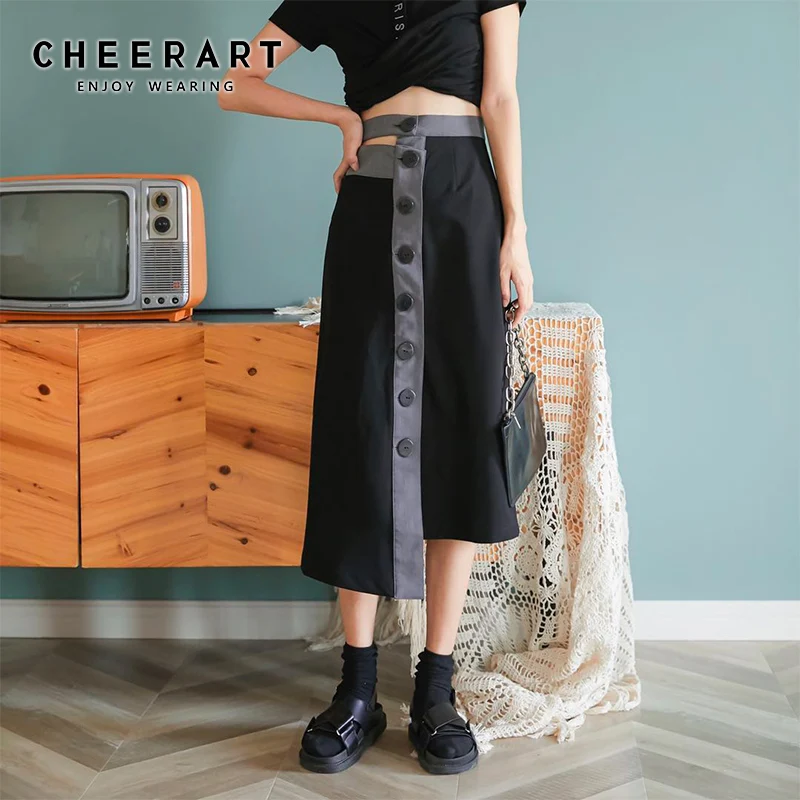 Cheerart Summer Long Skirt Women High Waist Black Button Asymmetrical Skirt Ladies High Fashion Designe Skirt 2019
Cheerart Summer Long Skirt Women High Waist Black Button Asymmetrical Skirt Ladies High Fashion Designe Skirt 2019