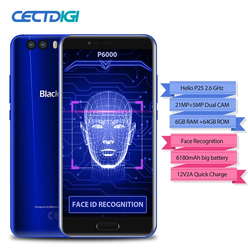 Blackview P6000 Smartphone Face ID 6180mAh 6GB 64GB 21MP Dual Cams 5.5" JDI 16:9 Helio P25 Octe Core Android 7.1 4G Mobile phone
Blackview P6000 Smartphone Face ID 6180mAh 6GB 64GB 21MP Dual Cams 5.5" JDI 16:9 Helio P25 Octe Core Android 7.1 4G Mobile phone