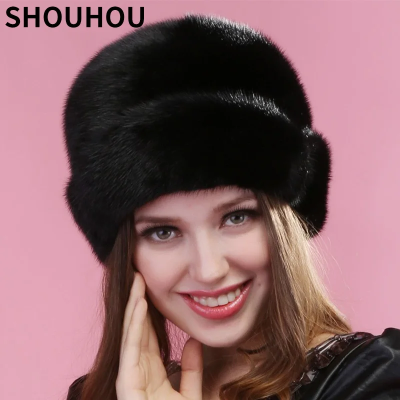 Фото SHOUHOU 2018 женская зимняя шапка из натурального меха норки модная черная для девочек
