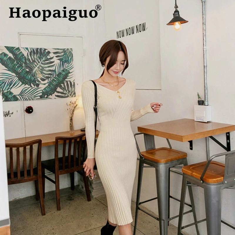 2019 Winter Autumn Elastic Knitted Dress Women Long Sleeve Basic Wear Wrap Midi Dress Women Solid Sheath Bodycon Sweater Dress
2019 Winter Autumn Elastic Knitted Dress Women Long Sleeve Basic Wear Wrap Midi Dress Women Solid Sheath Bodycon Sweater Dress