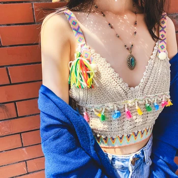 

Ladies Boho Hand-woven Crop Top Knitted Tassel Top Crochet Vest Bralet Bra Bustier Cami Tops 2019 Spring Summer Shirts tube top