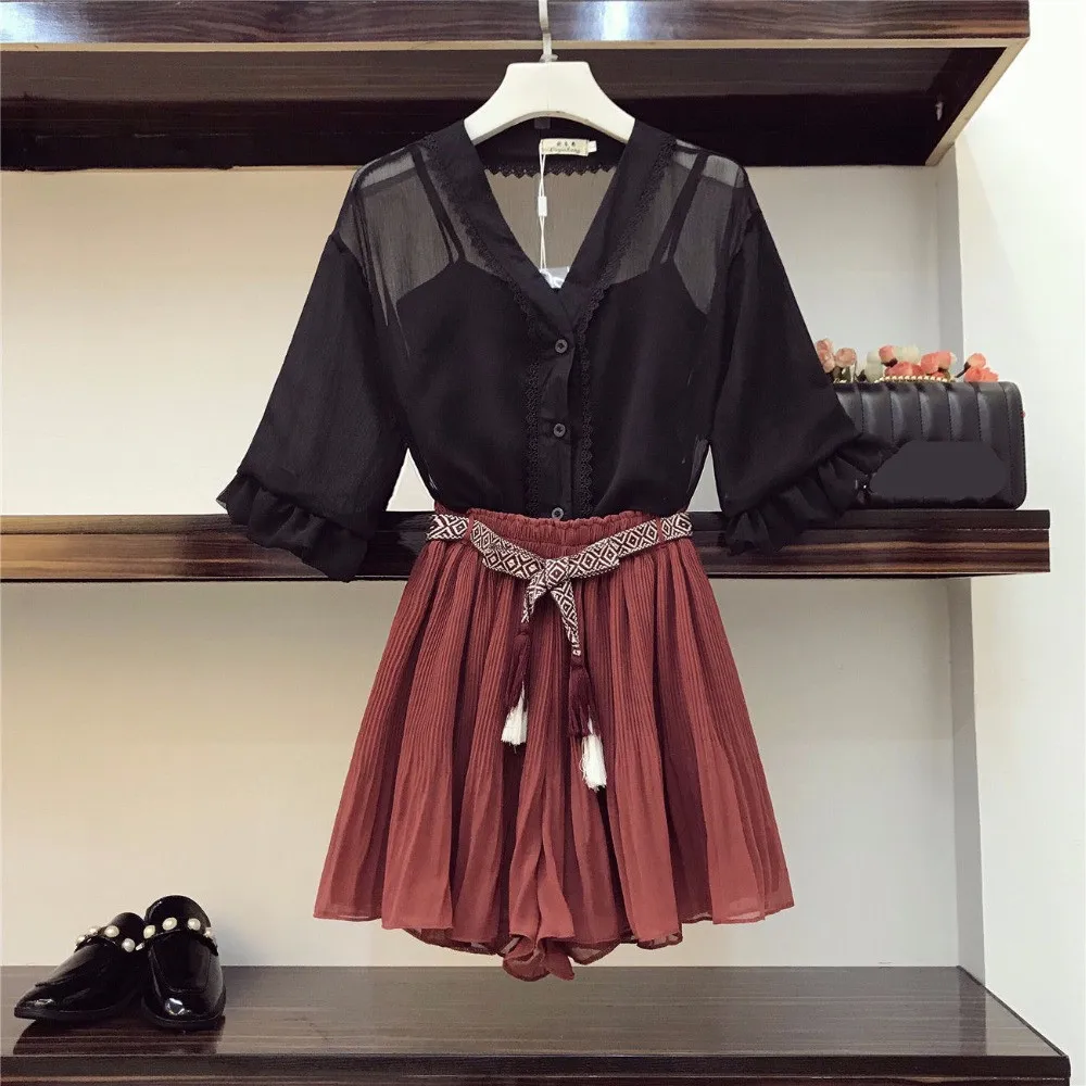 2019 Summer Women Fashion Black Vest + Sheer Tops + Pleated Shorts 3pcs sets Female Suits
2019 Summer Women Fashion Black Vest + Sheer Tops + Pleated Shorts 3pcs sets Female Suits