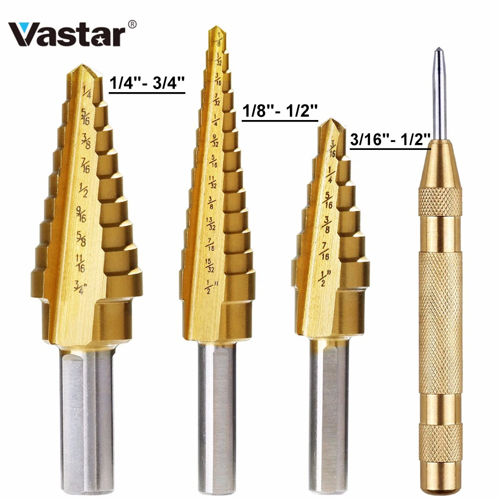 Vastar HSS Titanium Coated Step Drill Bit for Metal/ Wood Drilling Hole 3/16" To 1/2"Six-Step Bit, Choose Automatic Center Punch
Vastar HSS Titanium Coated Step Drill Bit for Metal/ Wood Drilling Hole 3/16" To 1/2"Six-Step Bit, Choose Automatic Center Punch