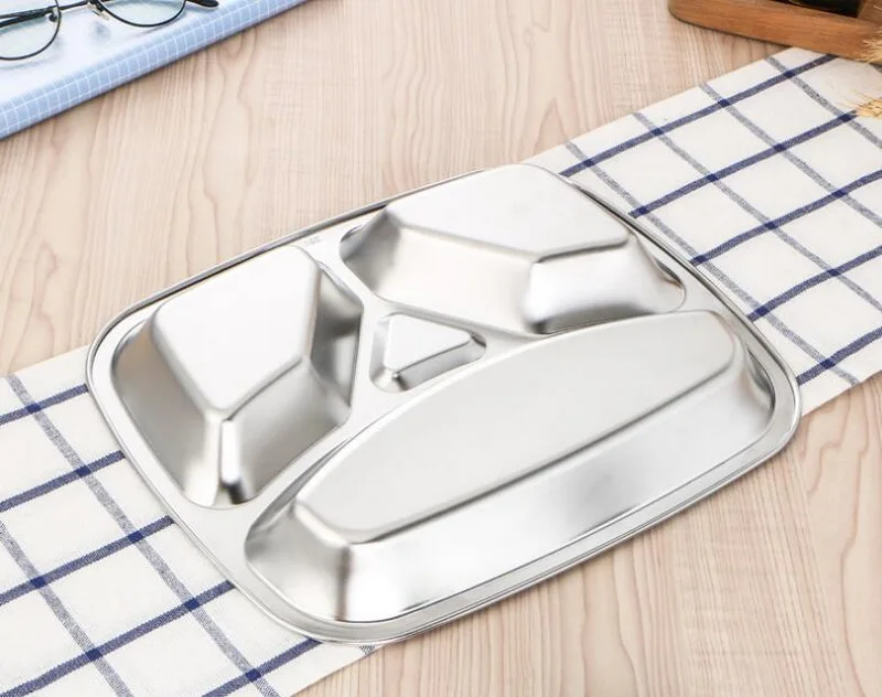 Stainless steel grid snack plate deep thick 2/3 grid students adult canteen tableware metal snack plate Stainless steel grid snack plate deep thick 2/3 grid students adult canteen tableware metal snack plate