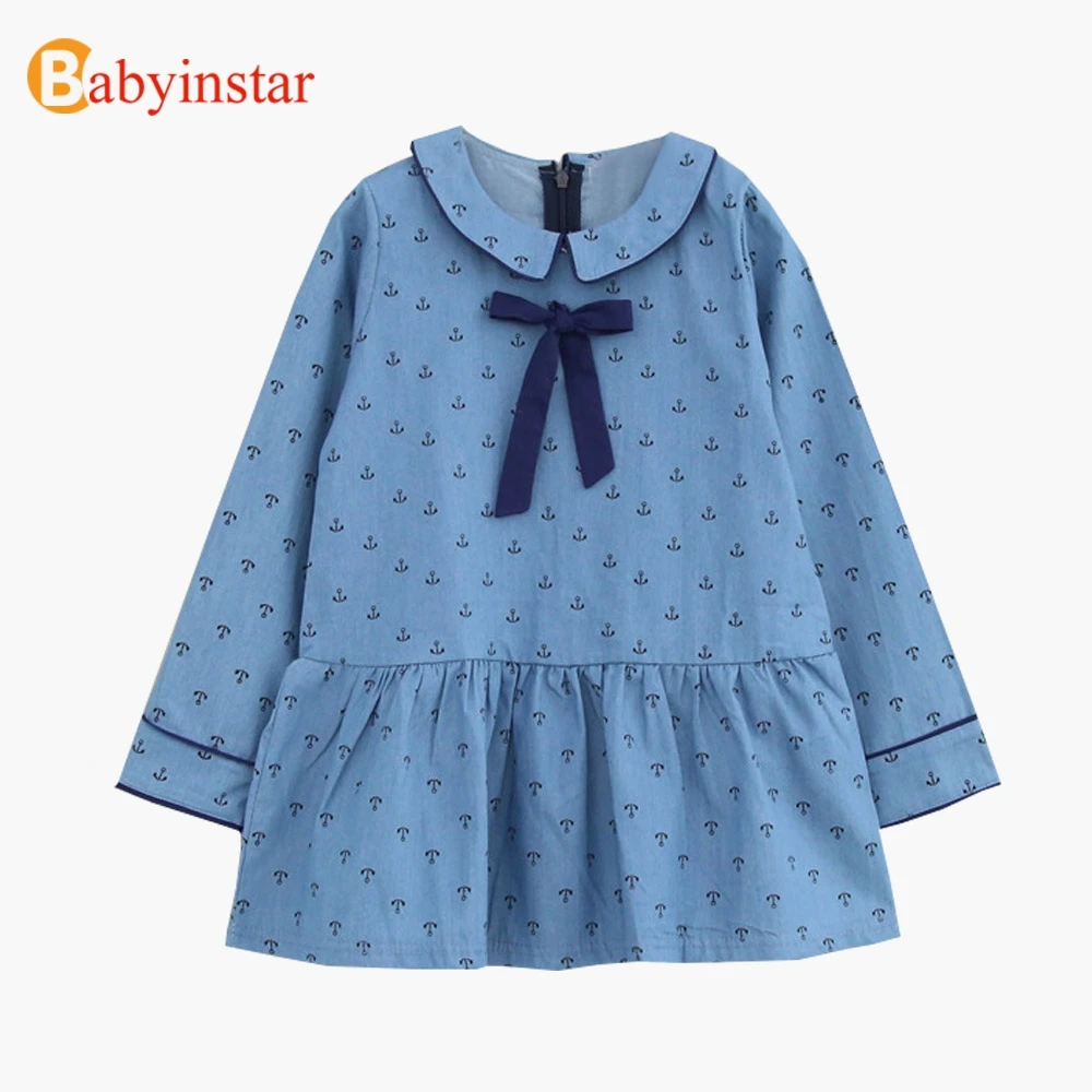 Babyinstar/для маленьких девочек с милым рисунком платье из джинсовой ткани для детей
