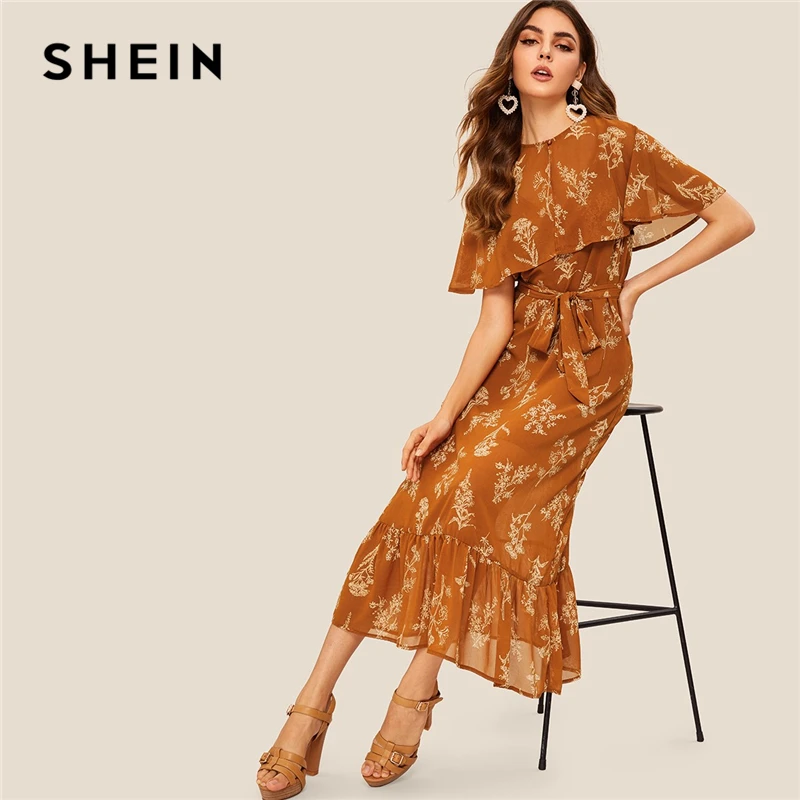 

SHEIN Buttoned Detail Foldover Front Flippy Hem Floral Dress 2019 Summer High Waist Brown Women Ruffle Hem Shift Dresses