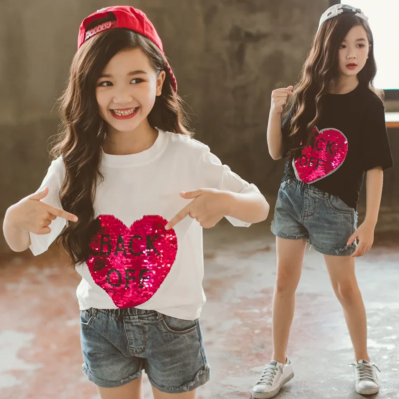 2019 Summer Girls Tee with Sequins Cotton Short Sleeve T Shirt for School Black White Girls Top
2019 Summer Girls Tee with Sequins Cotton Short Sleeve T Shirt for School Black White Girls Top