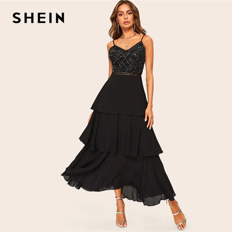 

SHEIN Glamorous Black Layered Ruffle Rhinestone Cami Maxi Dress 2019 Spring A Line Sleeveless High Waist Spaghetti Strap Dresses