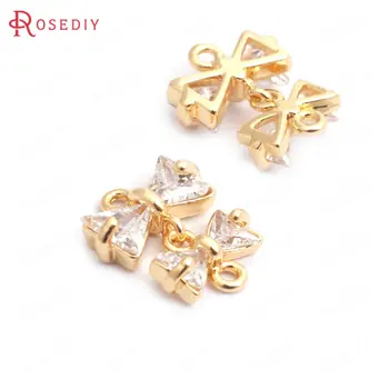

(35202)6PCS Height 14MM 24K Gold Color White Zircon Brass 2 Holes Bow-Knot Connect Charms Pendants Jewelry Findings Accessories