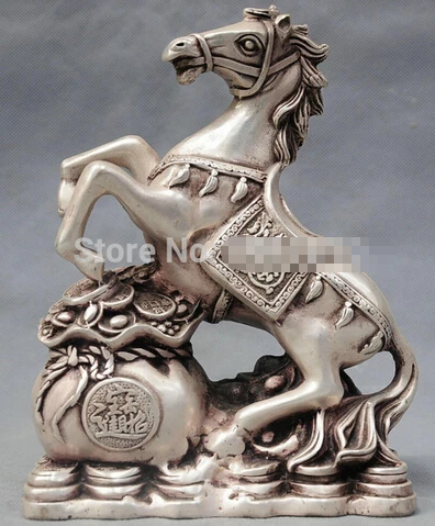 0 8'' China Silver Bronze Zodiac gold ingot horse Lucky Bronze Statue