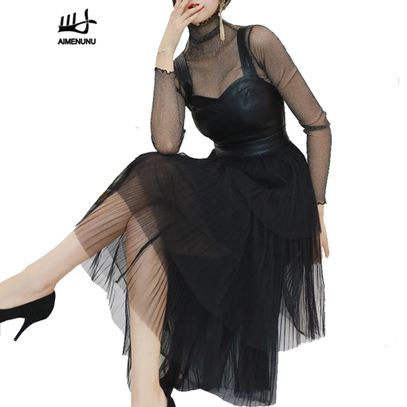 AIMENUNU Fashion Tulle Mesh Patchwork Leather Dresses Black Long Sleeve Turtleneck Slim Dress 2019 Spring Elegant Women Vestidos
AIMENUNU Fashion Tulle Mesh Patchwork Leather Dresses Black Long Sleeve Turtleneck Slim Dress 2019 Spring Elegant Women Vestidos