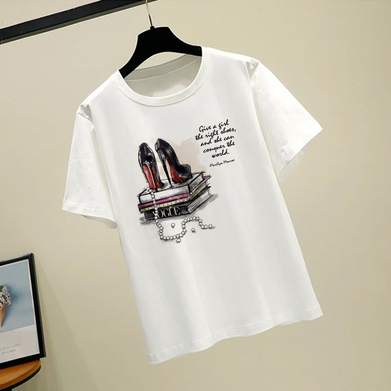 VOGUE letter fashion cartoon high heels printing casual top tee new summer loose ladies fun T-shirt short-sleeved women clothing
VOGUE letter fashion cartoon high heels printing casual top tee new summer loose ladies fun T-shirt short-sleeved women clothing