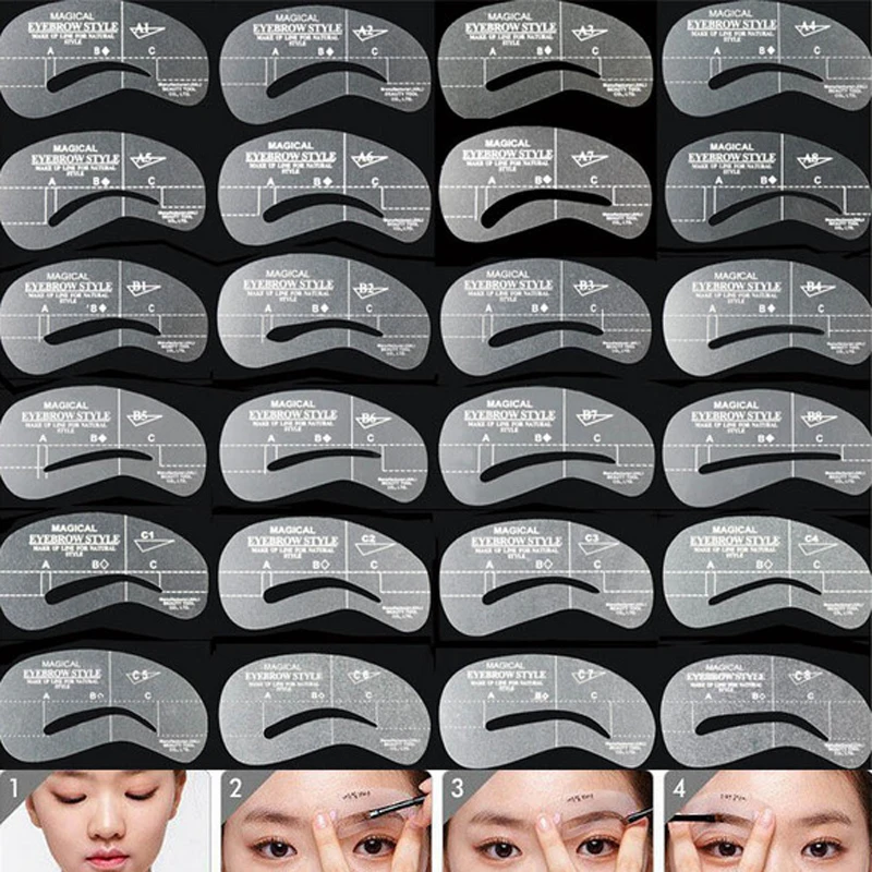 24 Pcs Pro Reusable Eyebrow Stencil Set Eye Brow DIY Drawing Guide Styling Shaping Grooming Template Card Easy Makeup Beauty Kit | Красота и