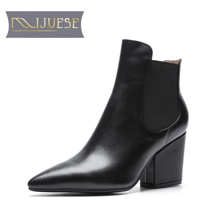 MLJUESE/2018 женские ботинки из коровьей кожи черного цвета на молнии высоком каблуке