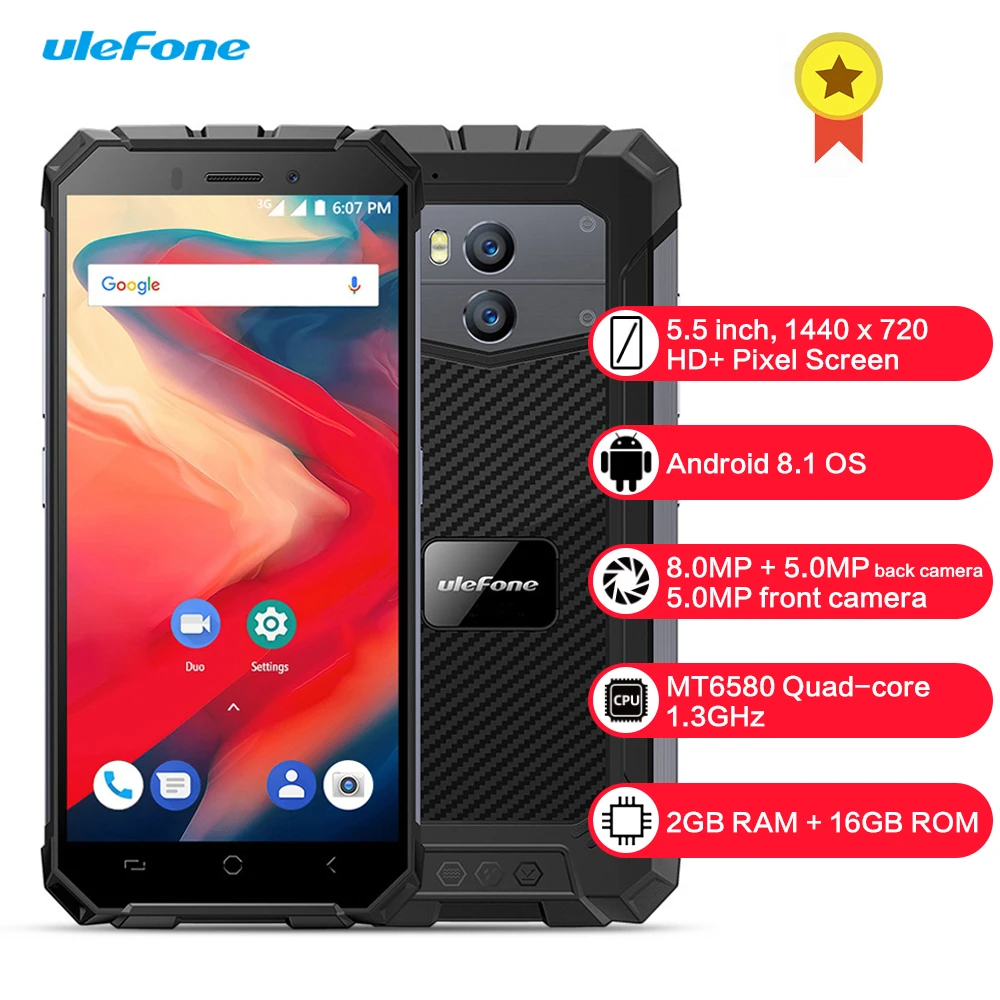 

Ulefone Armor X2 3G Smartphone 5.5 Inch Android 8.1 MT6580 Quad Core 2GB RAM 16GB ROM 13.0MP + 5MP 5500mAh Mobile Telephone
