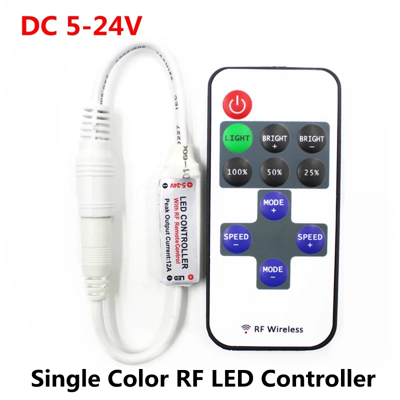 DC 5V 12V 24V 12A Mini RF Wireless LED Remote Controller Led Dimmer Driver For Single Color LED Strip SMD 5050/3528/5730/3014
DC 5V 12V 24V 12A Mini RF Wireless LED Remote Controller Led Dimmer Driver For Single Color LED Strip SMD 5050/3528/5730/3014