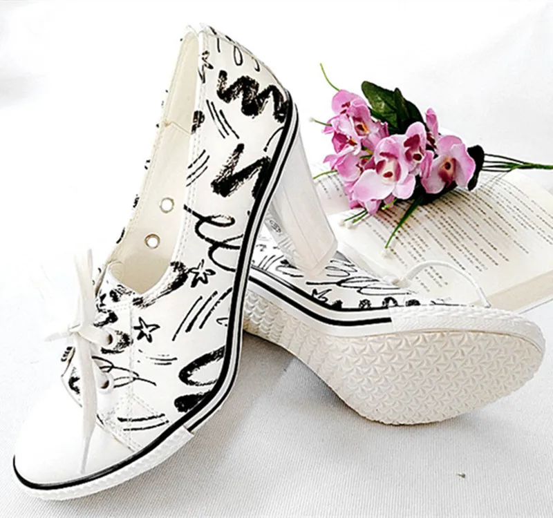 New Women Pumps Shoes Brand Designer Classic Casual Women Print 6CM8CM High-Heeled Shoes Lace-Up High Top Lady Shoes High Heels (19)