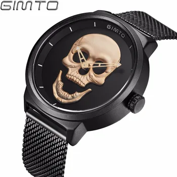 Fashion Skeleton Casual Men's Watches GIMTO Brand Black Stainless Steel Gold Skull Pattern Cool Stylish Quartz Male Wristwatch
Fashion Skeleton Casual Men's Watches GIMTO Brand Black Stainless Steel Gold Skull Pattern Cool Stylish Quartz Male Wristwatch
