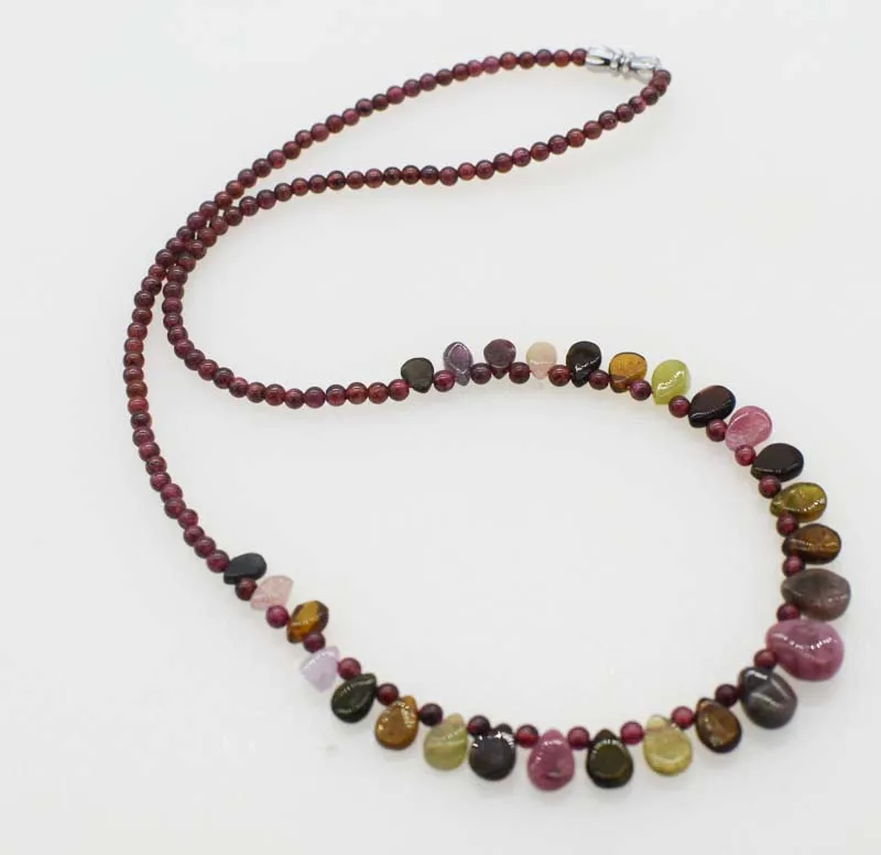 

red Garnet round necklace Tourmaline drop 3mm 18inch FPPJ wholesale beads nature blue rabinbow