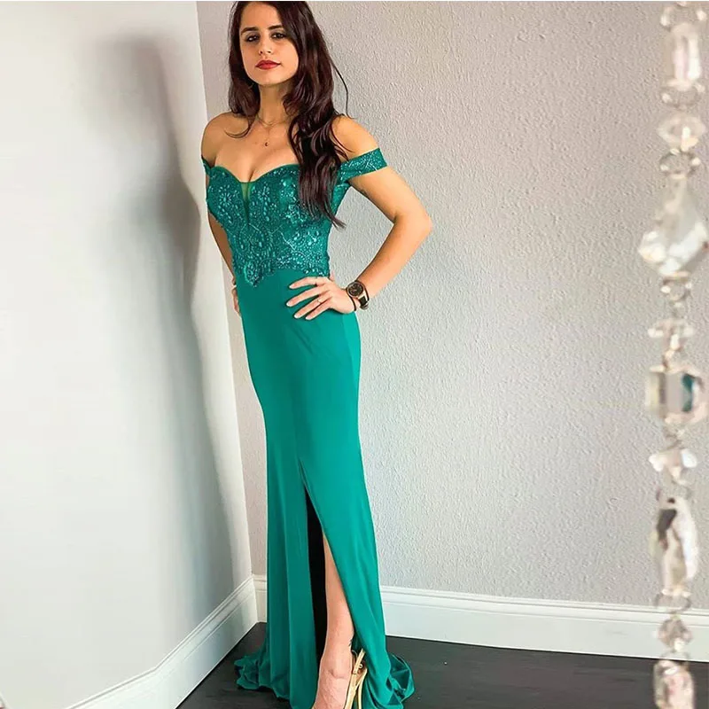 Off The Shoulder Dark Green Evening Dresses Chiffon Skirt Front Split Formal Evening Party Dresses Trumpet Women Robe De Mariee
Off The Shoulder Dark Green Evening Dresses Chiffon Skirt Front Split Formal Evening Party Dresses Trumpet Women Robe De Mariee