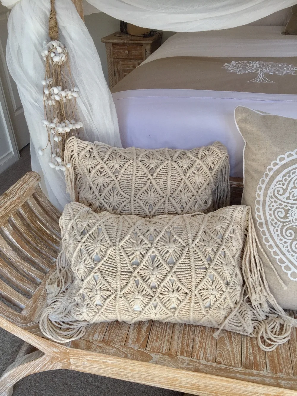 

Boho Style Cushion Cover Line With Tassels Cute Circle Moroccan / Hand Made Woven Pillow Case Macrame Home Sofa Decorative Drop
