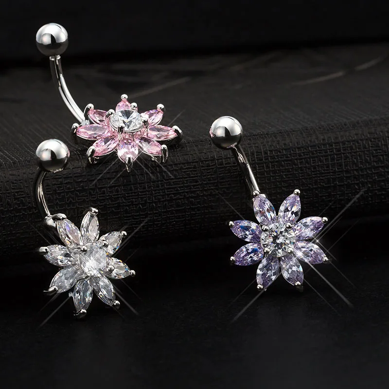 FORSEVEN Summer Women Hot Sexy Flower Cubic Zircon Belly Button Ring Navel Bar Barbell Body Piercing Jewelry Accessories | Украшения и