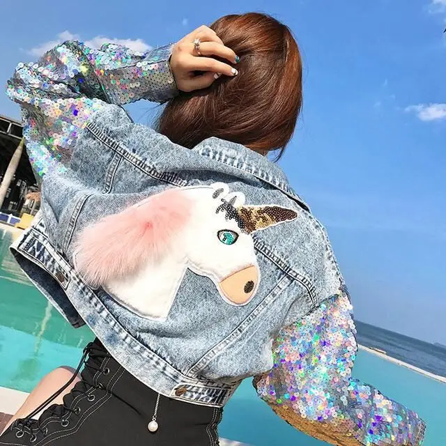 New Korean Kawaii Unicorn Embroidery Sequin Women Jacket Spring Autumn Cropped Denim Jacket Female Basic Jean Coat Crop Top
New Korean Kawaii Unicorn Embroidery Sequin Women Jacket Spring Autumn Cropped Denim Jacket Female Basic Jean Coat Crop Top