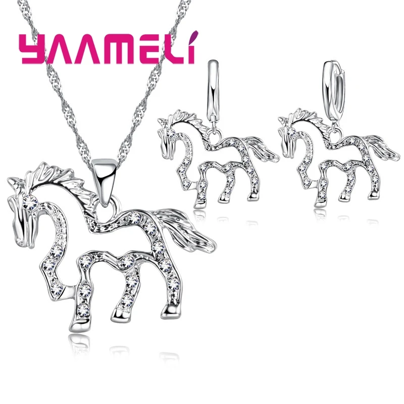 Luxury 925 Sterling Silver Wedding Jewelry Sets Shining Clear Gemstone CZ Crystal Horse Pendant Necklace Earrings
Luxury 925 Sterling Silver Wedding Jewelry Sets Shining Clear Gemstone CZ Crystal Horse Pendant Necklace Earrings