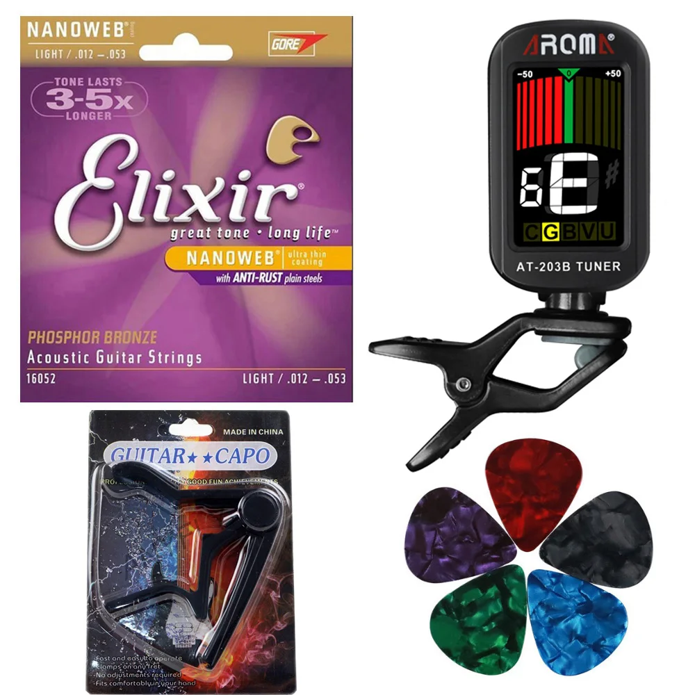 Elixir 16052 Acoustic Guitar Strings 012-053 + 5pcs Celluloid Guitar Picks + Capo + 6 Tuning Modes Tuner
Elixir 16052 Acoustic Guitar Strings 012-053 + 5pcs Celluloid Guitar Picks + Capo + 6 Tuning Modes Tuner
