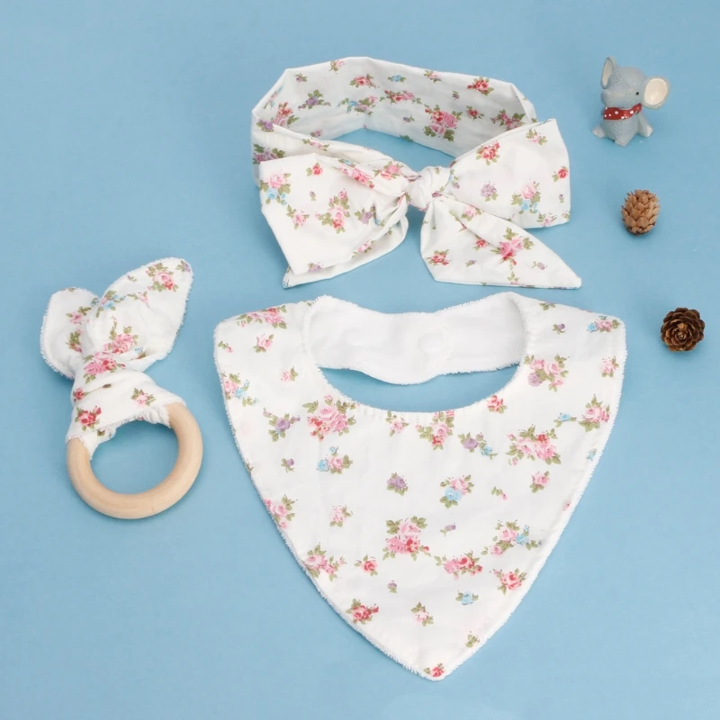 3Pcs Baby Rabbit Ears Teether Cotton Bibs Headband Infant Saliva Towel Care Set | Детская одежда и обувь
