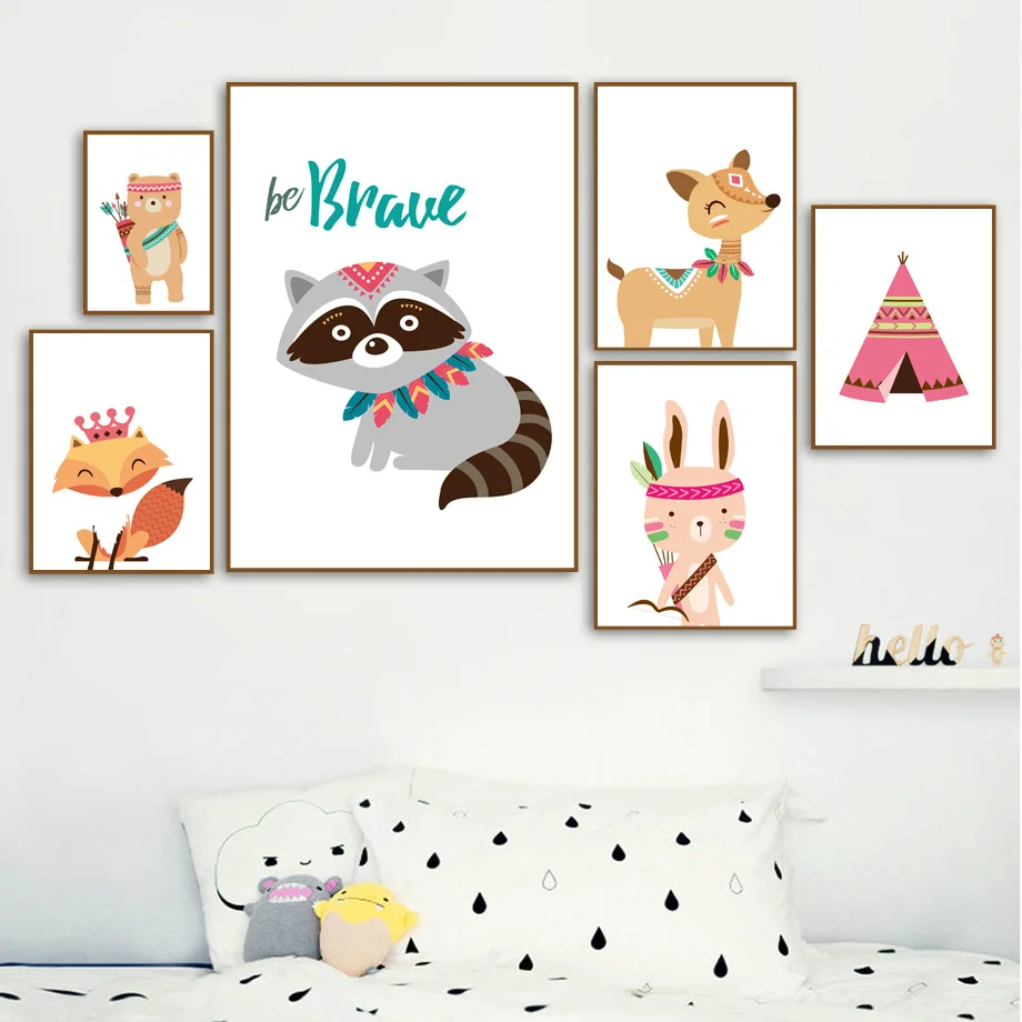 Wall Art Canvas Painting Indian Animals Bear Deer Fox Raccoon Tent Nordic Posters And Prints Pictures Baby Kids Room Decor | Дом и сад