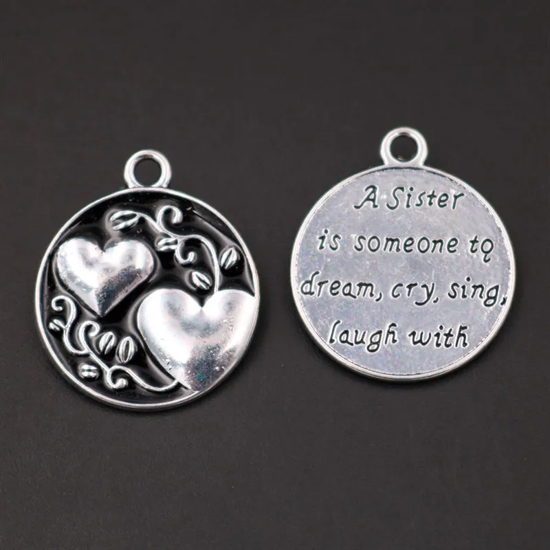 A Sister is Someone To Dream, Cry,Sing,Laugh With Round pendant Plated Black Tone Enamel Double Silver Heart Charm 29*25mm 6pcs
A Sister is Someone To Dream, Cry,Sing,Laugh With Round pendant Plated Black Tone Enamel Double Silver Heart Charm 29*25mm 6pcs