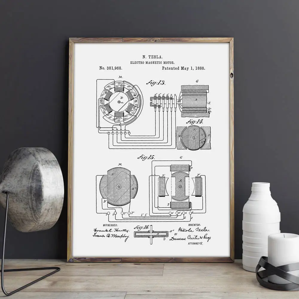 Nikola Tesla Motor patent искусство на стену с магнитным мотором плакаты декор комнаты