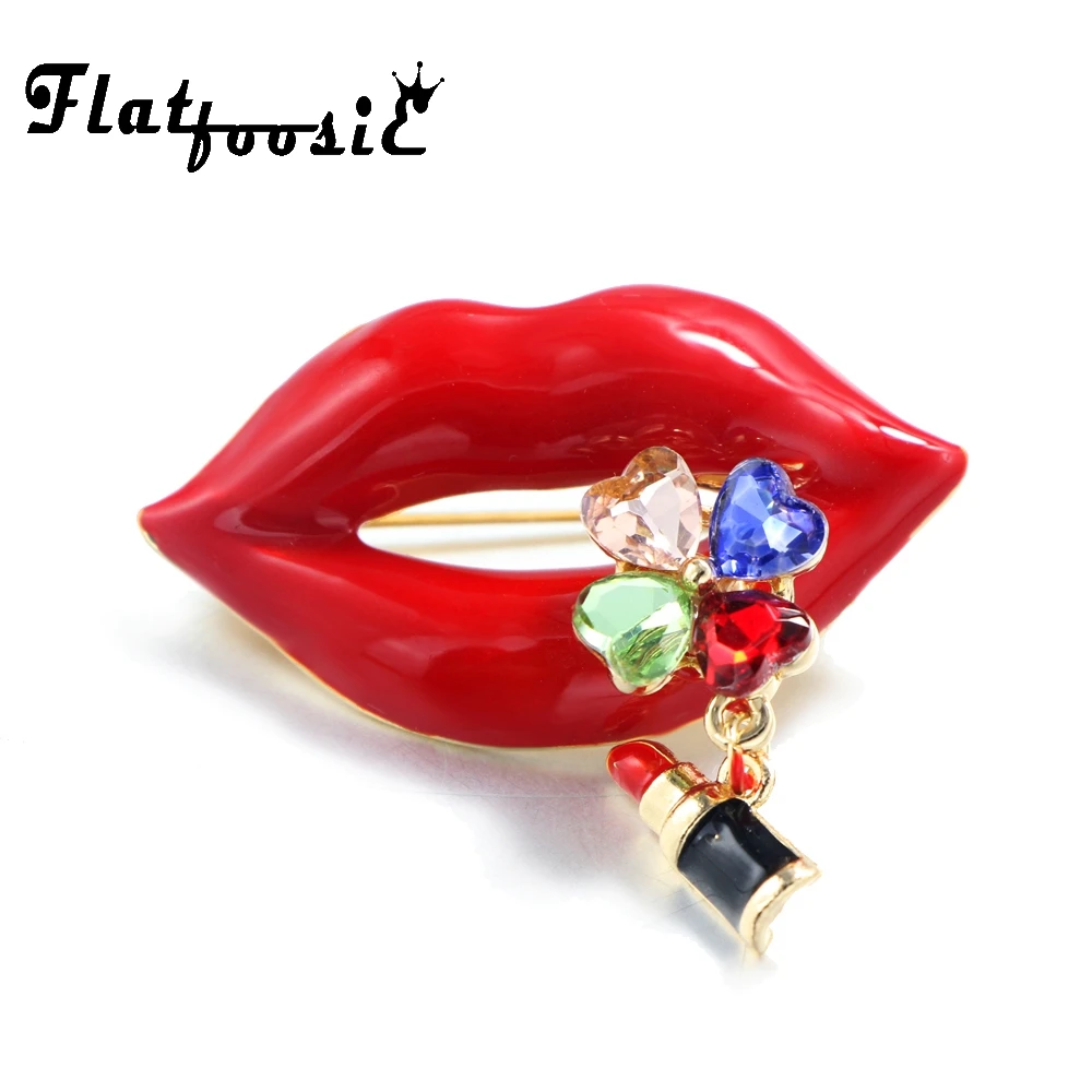 

Flatfoosie New Sexy Red Lips Brooch Colorful Crystal Kiss Lipstick Brooch Pin for Women Charm Corsage Buckles Scarf Clip Jewelry