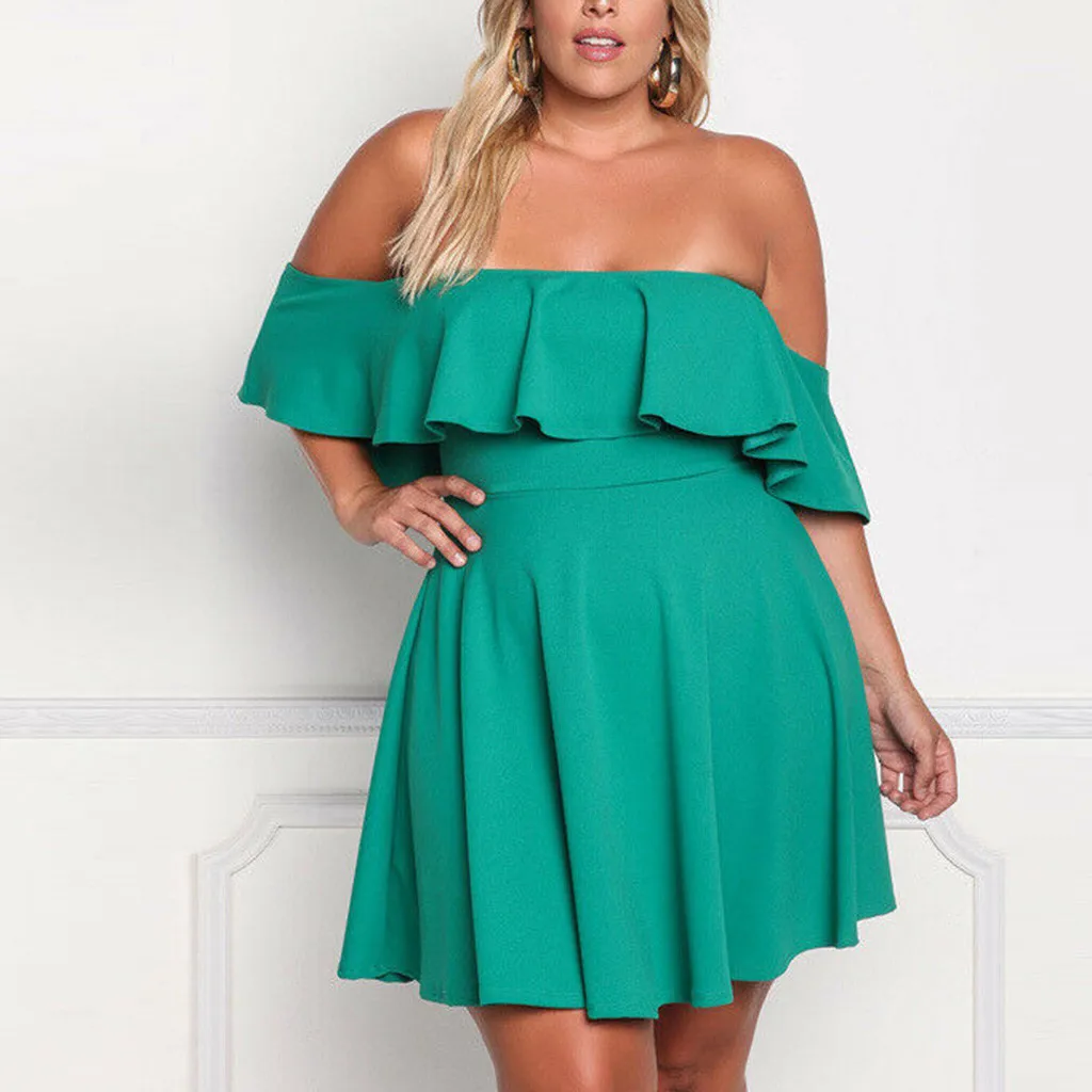 Sexy party dress Women Plus Size Off Shoulder Solid Clubwear Ruffled Sleeve Party Mini Dress fashion designers dress 2019
Sexy party dress Women Plus Size Off Shoulder Solid Clubwear Ruffled Sleeve Party Mini Dress fashion designers dress 2019