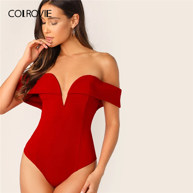 

COLROVIE Red Foldover Plunge Sweetheart Bardot Skinny Bodysuit Women 2019 Summer Sexy Clothing Spring Ladies Glamorous Bodysuits