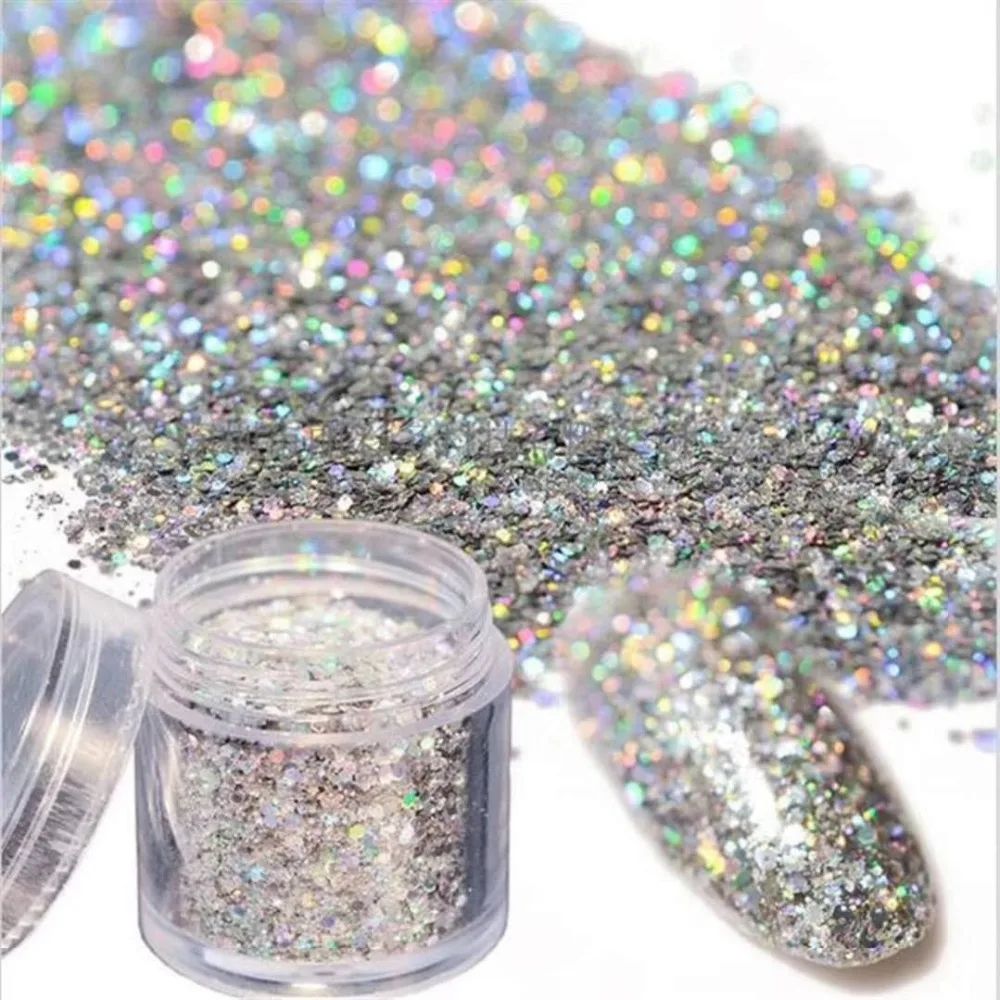 

10ML/Pot Holographic Laser Glitter Nail Art Powder Dust Mixed Size Silver Hexagon Sequins Manicure