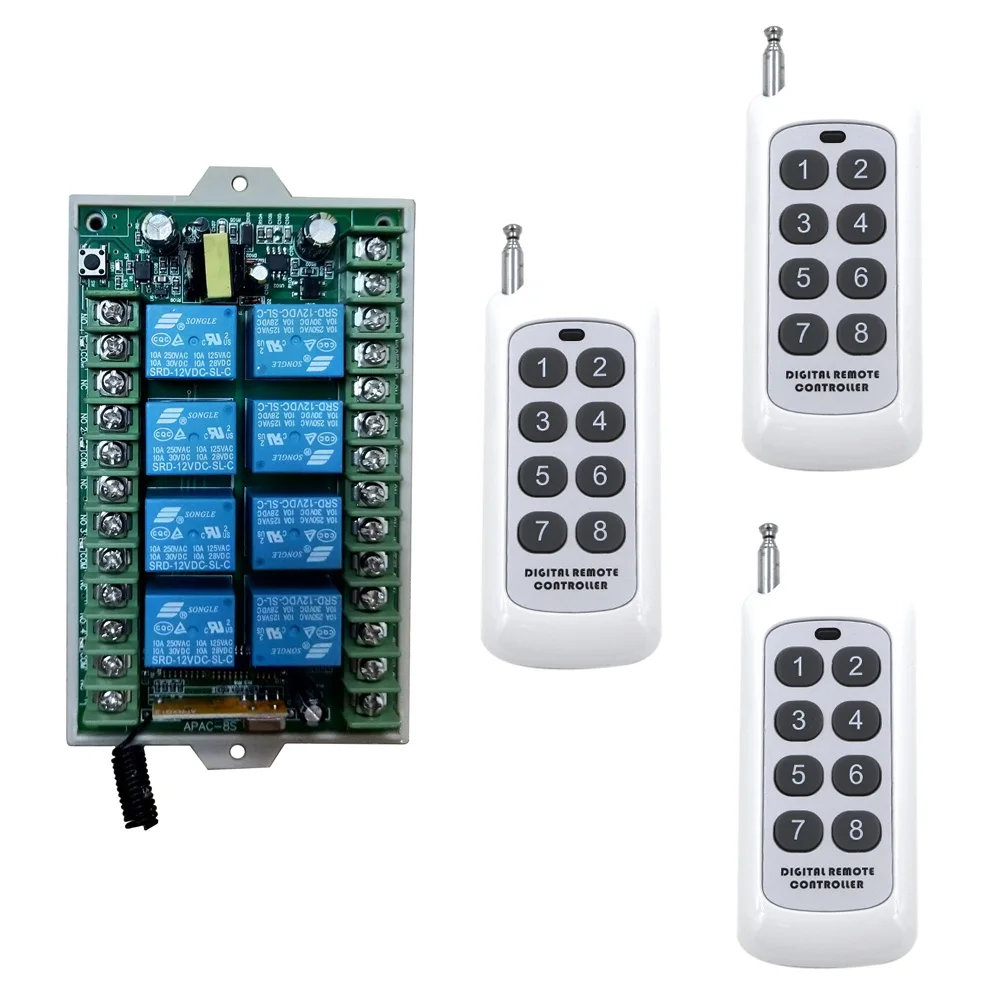 AC 220V 8 CH Channel 8CH RF Wireless Remote Control LED Light Switch System 10A Relay Receiver + Transmitter, 315 433 MHz
AC 220V 8 CH Channel 8CH RF Wireless Remote Control LED Light Switch System 10A Relay Receiver + Transmitter, 315 433 MHz