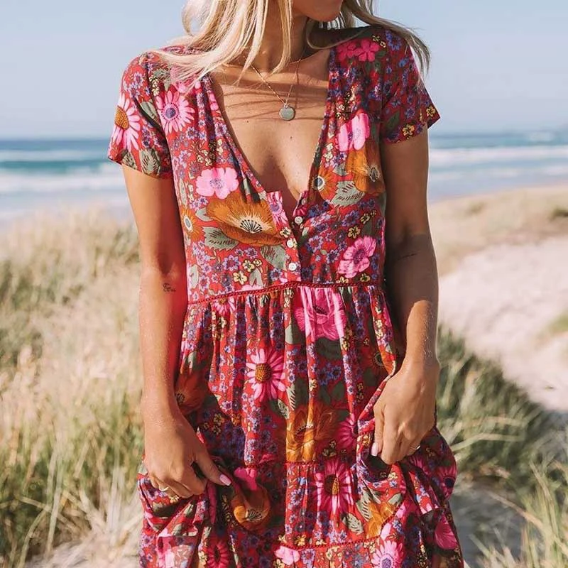 V Collar Summer Boho Dress Women 2019 Short Sleeve Print Dress Girls Rode Femme Bohemian Button Front Women Mini Dress Vestidos
V Collar Summer Boho Dress Women 2019 Short Sleeve Print Dress Girls Rode Femme Bohemian Button Front Women Mini Dress Vestidos